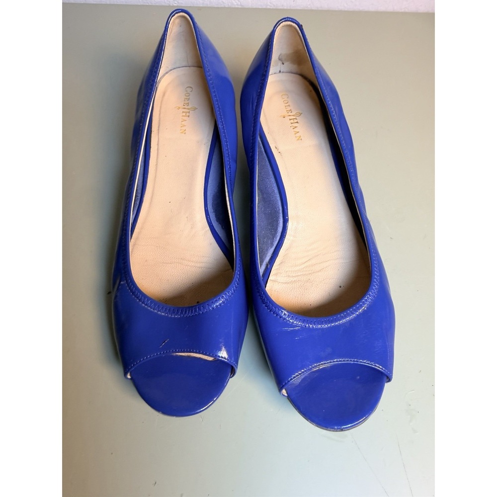 COLE HAAN ~Wo's NikeAir TALI Peep Toe Cork Wedge Pumps Shoe Blue Leather ~ 9.0B